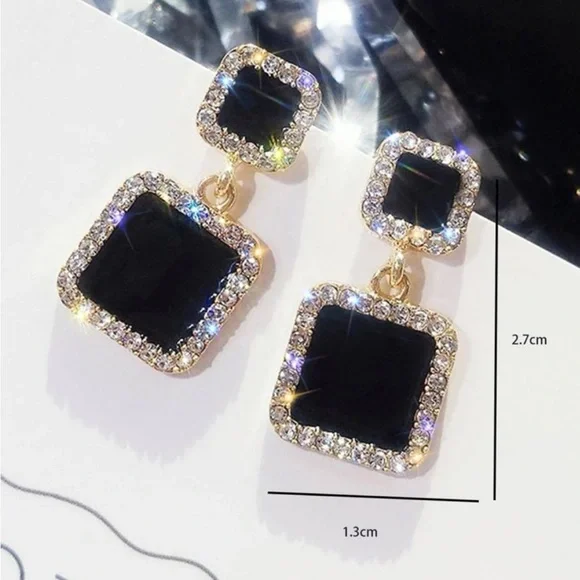 Luxe Black Square Dangling Sparkly Statement Earrings - Picture 3 of 4